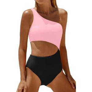 imageWomens One Piece Swimsuit One Shoulder Bathing Suit Cutout Tummy Control SwimwearPink and Black