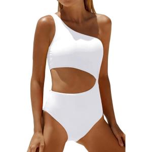 imageWomens One Piece Swimsuit One Shoulder Bathing Suit Cutout Tummy Control SwimwearWhite