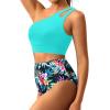 imageTwo Piece High Waisted Swimsuits for Women  One Shoulder Bikini Tummy Control Bathing Suit 2025 Full Coverage SwimwearAqua Colorful Floral