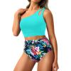 imageTwo Piece High Waisted Swimsuits for Women  One Shoulder Bikini Tummy Control Bathing Suit 2025 Full Coverage SwimwearAqua Colorful Floral