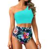 imageTwo Piece High Waisted Swimsuits for Women  One Shoulder Bikini Tummy Control Bathing Suit 2025 Full Coverage SwimwearAqua Colorful Floral