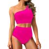imageTwo Piece High Waisted Swimsuits for Women  One Shoulder Bikini Tummy Control Bathing Suit 2025 Full Coverage SwimwearHot Pink