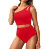 imageTwo Piece High Waisted Swimsuits for Women  One Shoulder Bikini Tummy Control Bathing Suit 2025 Full Coverage SwimwearRed
