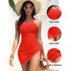 imageWomens Swim Dress One Piece  Swimsuit with Skirt Tummy Control Bathing Suit High Neck Mesh Swimwear 2025Red