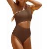 imageYonique Cutout One Piece Swimsuit Women  One Shoulder Bathing Suit Ribbed Swimwear 2025 MonokiniBrown