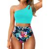 imageTwo Piece High Waisted Swimsuits for Women  One Shoulder Bikini Tummy Control Bathing Suit 2025 Full Coverage SwimwearAqua Colorful Floral