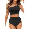 imageTwo Piece High Waisted Swimsuits for Women  One Shoulder Bikini Tummy Control Bathing Suit 2025 Full Coverage SwimwearBlack