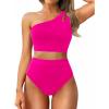 imageTwo Piece High Waisted Swimsuits for Women  One Shoulder Bikini Tummy Control Bathing Suit 2025 Full Coverage SwimwearHot Pink