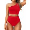 imageTwo Piece High Waisted Swimsuits for Women  One Shoulder Bikini Tummy Control Bathing Suit 2025 Full Coverage SwimwearRed