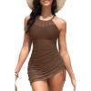 imageWomens Swim Dress One Piece  Swimsuit with Skirt Tummy Control Bathing Suit High Neck Mesh Swimwear 2025Brown
