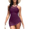 imageWomens Swim Dress One Piece  Swimsuit with Skirt Tummy Control Bathing Suit High Neck Mesh Swimwear 2025Purple