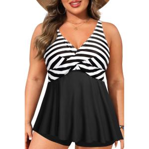 imagePlus Size Tankini Top Only  Flowy Bathing Suits Top Plus Size Swim Top 2025 Modest Swimsuits TopBlack Stripe
