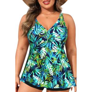 imagePlus Size Tankini Top Only  Flowy Bathing Suits Top Plus Size Swim Top 2025 Modest Swimsuits TopGreen Leaves