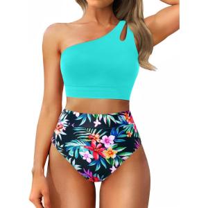 imageTwo Piece High Waisted Swimsuits for Women  One Shoulder Bikini Tummy Control Bathing Suit 2025 Full Coverage SwimwearAqua Colorful Floral