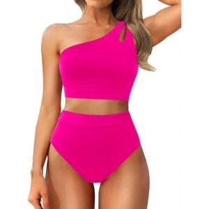 imageTwo Piece High Waisted Swimsuits for Women  One Shoulder Bikini Tummy Control Bathing Suit 2025 Full Coverage SwimwearHot Pink