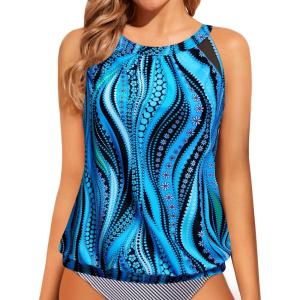 imageWomens High Neck Tankini Top  Blouson Bathing Suit Top Loose Fit Swim Top 2025 Modest Swimsuit Top No BottomBlue Ripples