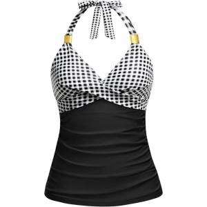 imageWomens Tankini Top Only  Halter Swim Top 2025 Tummy Control Bathing Suit Top No BottomGray Plaid and Black