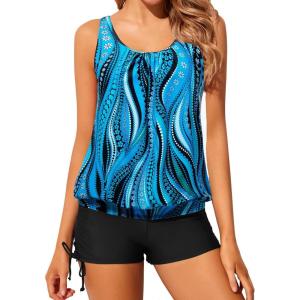 imageYonique Blouson Tankini Swimsuits for Women 2 Piece Bathing Suits Tops with Boyshorts Modest Loose Fit SwimwearBlue Wavy Pattern