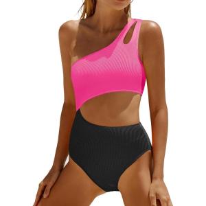 imageYonique Cutout One Piece Swimsuit Women  One Shoulder Bathing Suit Ribbed Swimwear 2025 MonokiniPink Black