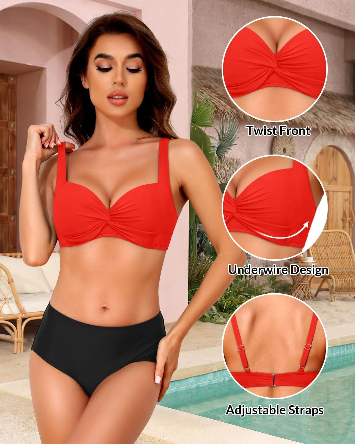 imageWomen Underwire Bikini Top  2025 Push Up Swimsuit Tops Padded Bra Bathing SuitRed