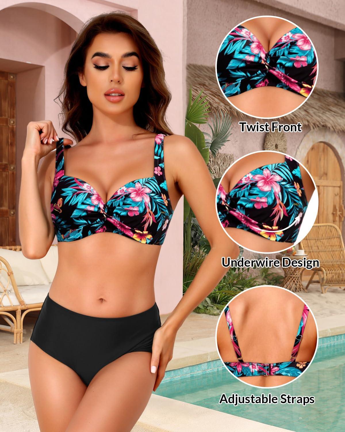 imageWomen Underwire Bikini Top  2025 Push Up Swimsuit Tops Padded Bra Bathing SuitTropic Floral