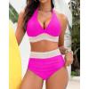 imageWomen Tummy Control Two Piece Swimsuit  High Waisted Bathing Suit Halter Bikini Set Push Up Swimwear 2025Hot Pink