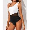 imageYonique Women One Piece One Shoulder Swimsuit Mesh Bathing Suit Tummy Control SwimwearBlack and White