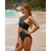 imageYonique Women One Piece One Shoulder Swimsuit Mesh Bathing Suit Tummy Control SwimwearBlack2