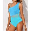 imageYonique Women One Piece One Shoulder Swimsuit Mesh Bathing Suit Tummy Control SwimwearBlue Colorblock