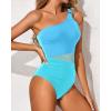 imageYonique Women One Piece One Shoulder Swimsuit Mesh Bathing Suit Tummy Control SwimwearBlue Colorblock