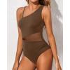 imageYonique Women One Piece One Shoulder Swimsuit Mesh Bathing Suit Tummy Control SwimwearBrown