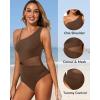 imageYonique Women One Piece One Shoulder Swimsuit Mesh Bathing Suit Tummy Control SwimwearBrown