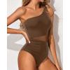 imageYonique Women One Piece One Shoulder Swimsuit Mesh Bathing Suit Tummy Control SwimwearBrown