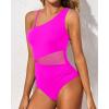 imageYonique Women One Piece One Shoulder Swimsuit Mesh Bathing Suit Tummy Control SwimwearHot Pink
