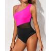 imageYonique Women One Piece One Shoulder Swimsuit Mesh Bathing Suit Tummy Control SwimwearHot Pink and Black