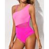 imageYonique Women One Piece One Shoulder Swimsuit Mesh Bathing Suit Tummy Control SwimwearPink