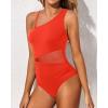 imageYonique Women One Piece One Shoulder Swimsuit Mesh Bathing Suit Tummy Control SwimwearRed