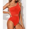 imageYonique Women One Piece One Shoulder Swimsuit Mesh Bathing Suit Tummy Control SwimwearRed