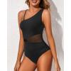imageYonique Women One Piece One Shoulder Swimsuit Mesh Bathing Suit Tummy Control SwimwearSolid Black