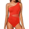 imageYonique Women One Piece One Shoulder Swimsuit Mesh Bathing Suit Tummy Control SwimwearRed
