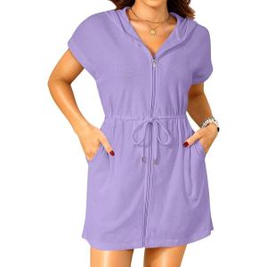imageTerry Cloth Cover Ups  Hooded Cotton Swim Sun Coverup with Zipper Pockets Beach SwimsuitsLight Purple