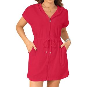 imageTerry Cloth Cover Ups  Hooded Cotton Swim Sun Coverup with Zipper Pockets Beach SwimsuitsRed
