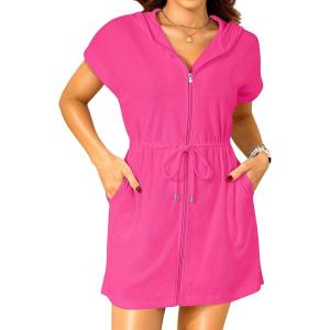 imageTerry Cloth Cover Ups  Hooded Cotton Swim Sun Coverup with Zipper Pockets Beach SwimsuitsRed Pink