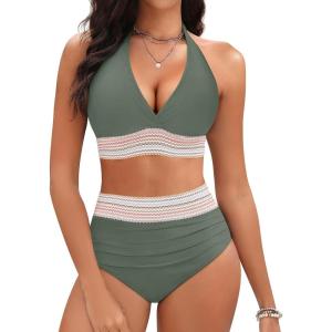 imageWomen Tummy Control Two Piece Swimsuit  High Waisted Bathing Suit Halter Bikini Set Push Up Swimwear 2025Army Green