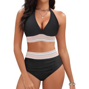 imageWomen Tummy Control Two Piece Swimsuit  High Waisted Bathing Suit Halter Bikini Set Push Up Swimwear 2025Black
