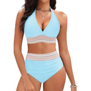 imageWomen Tummy Control Two Piece Swimsuit  High Waisted Bathing Suit Halter Bikini Set Push Up Swimwear 2025Blue