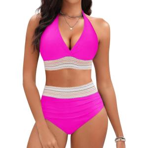 imageWomen Tummy Control Two Piece Swimsuit  High Waisted Bathing Suit Halter Bikini Set Push Up Swimwear 2025Hot Pink