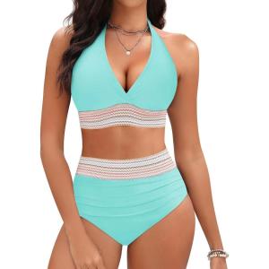 imageWomen Tummy Control Two Piece Swimsuit  High Waisted Bathing Suit Halter Bikini Set Push Up Swimwear 2025Light Blue