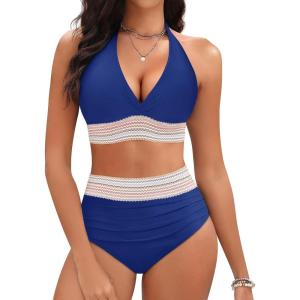 imageWomen Tummy Control Two Piece Swimsuit  High Waisted Bathing Suit Halter Bikini Set Push Up Swimwear 2025Royal Blue