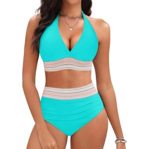 imageWomen Tummy Control Two Piece Swimsuit  High Waisted Bathing Suit Halter Bikini Set Push Up Swimwear 2025Turquoise